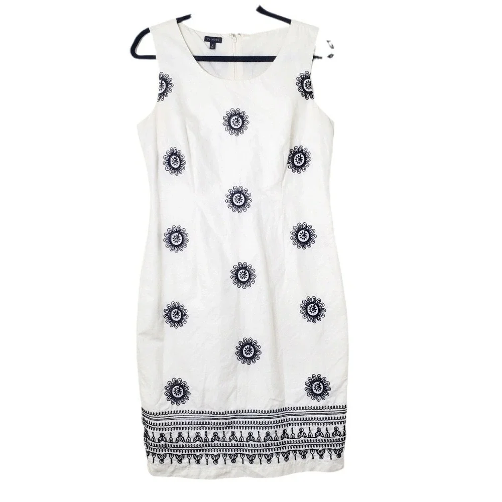 Talbots Cream White Cotton Embroidered Sheath Dress Size 8 Black Border‎